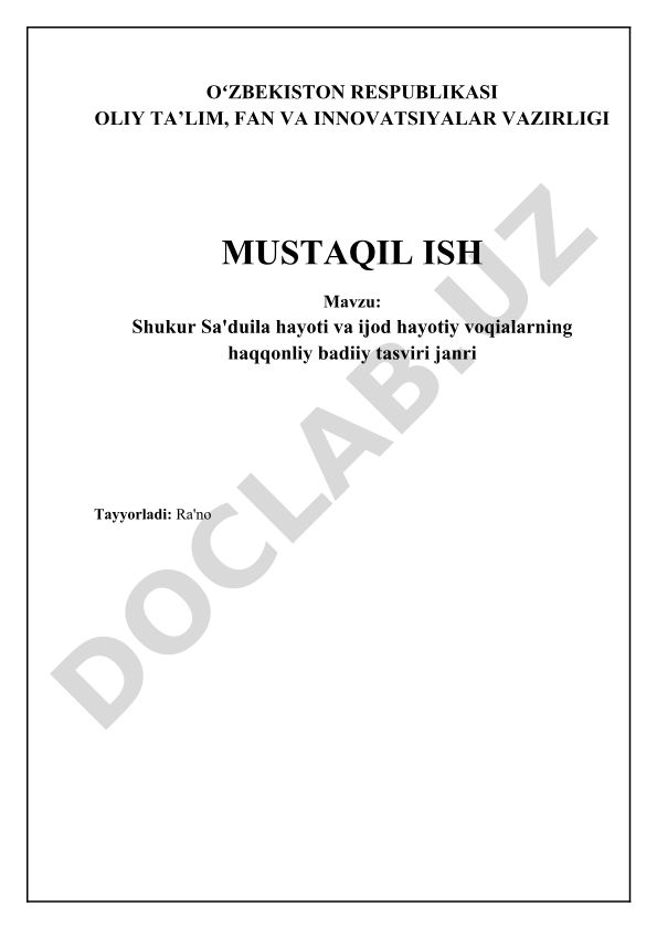 Shukur Sa'dulla hayoti va ijod hayotiy voqialarning haqqonliy badiiy tasviri