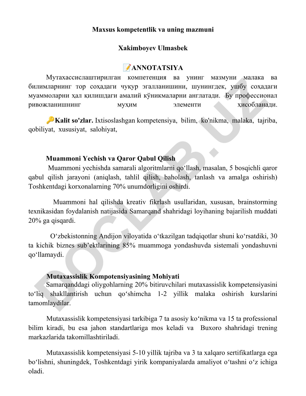 Maxsus kompetentlik va uning mazmuni