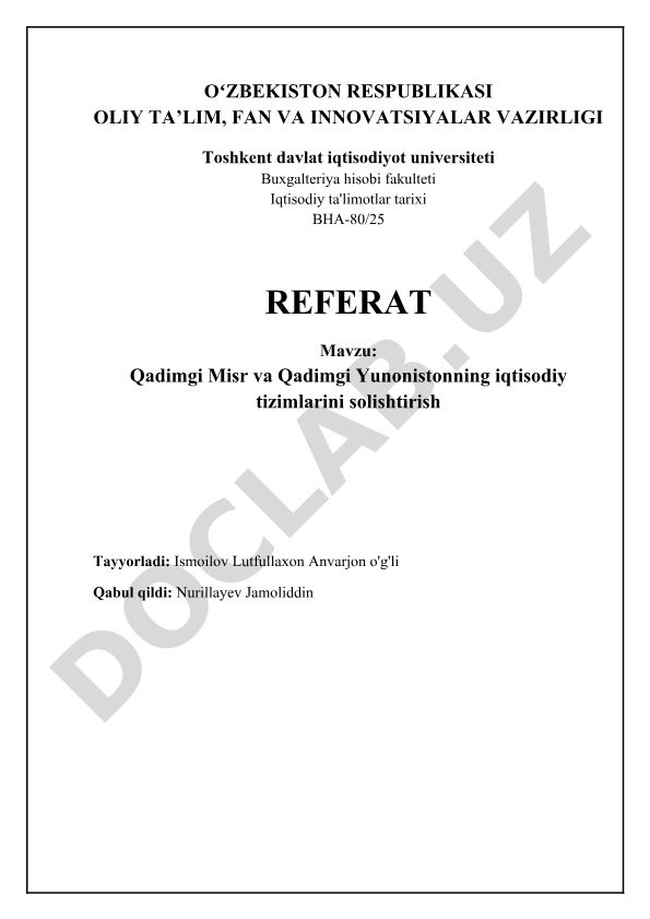 Qadimgi Misr va Qadimgi Yunonistonning iqtisodiy tizimlarini solishtirish