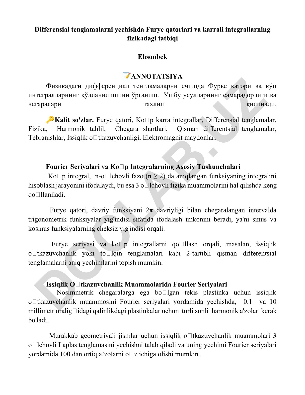 Differensial tenglamalarni yechishda Furye qatorlari va karrali integrallarning fizikadagi tatbiqi