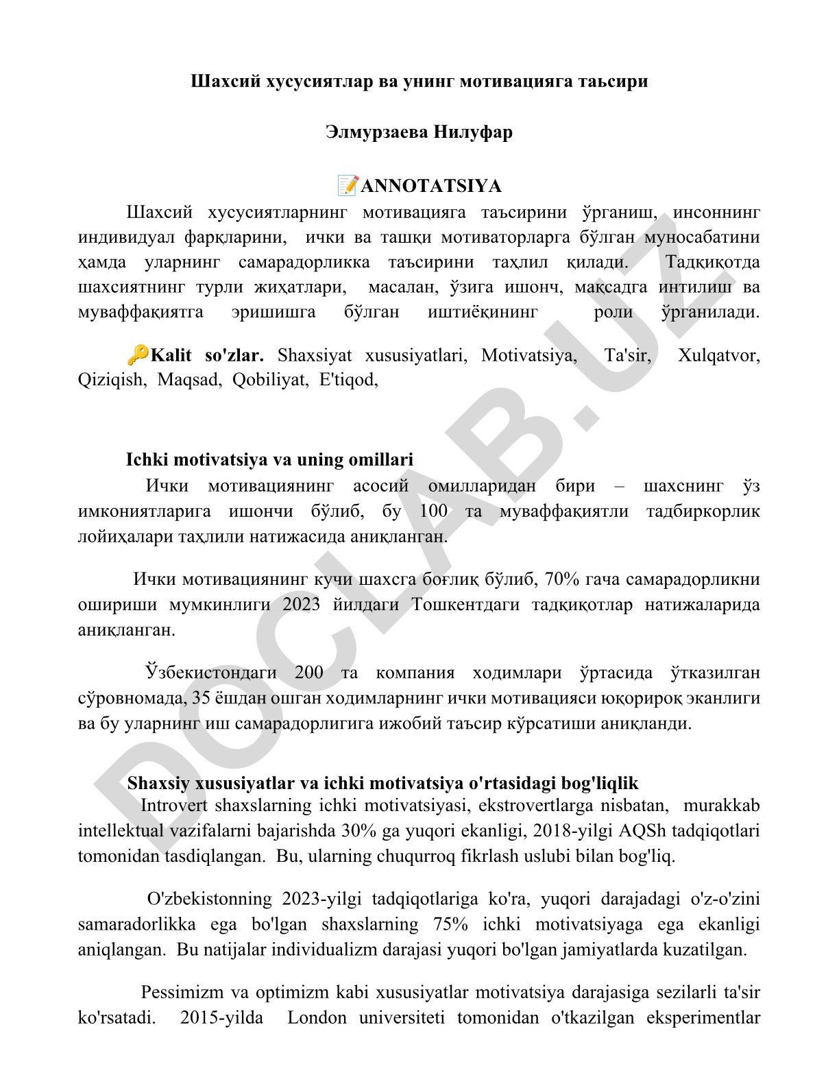 Шахсий хусусиятлар ва унинг мотивацияга таъсири
