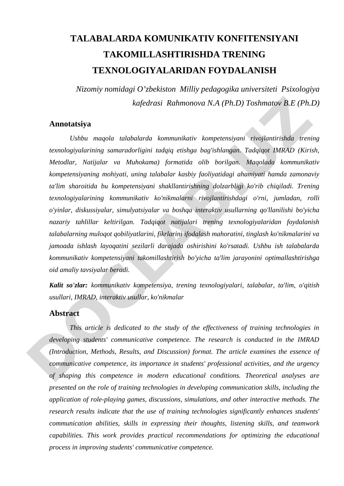 Talabalarda kommunikativ kompetensiyani takomillashtirishda trening texnologiyalaridan foydalanish