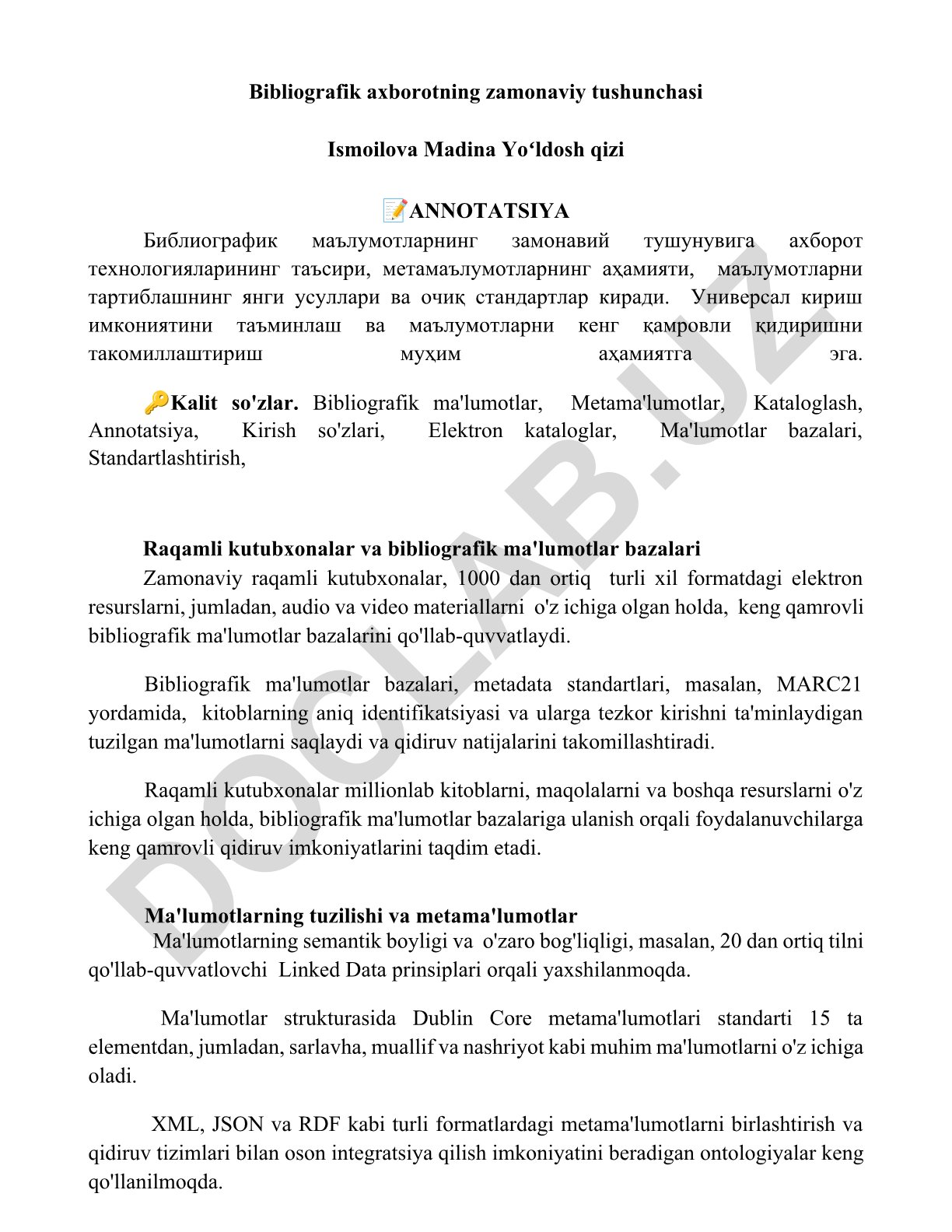 Bibliografik axborotning zamonaviy tushunchasi