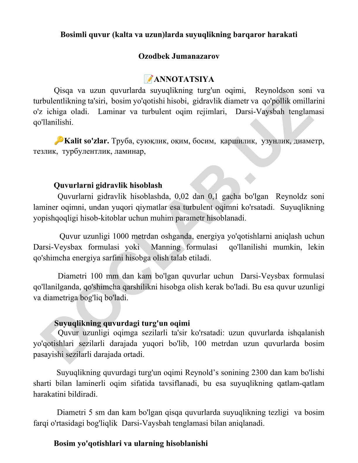 Bosimli quvurlarda suyuqlikning barqaror harakati