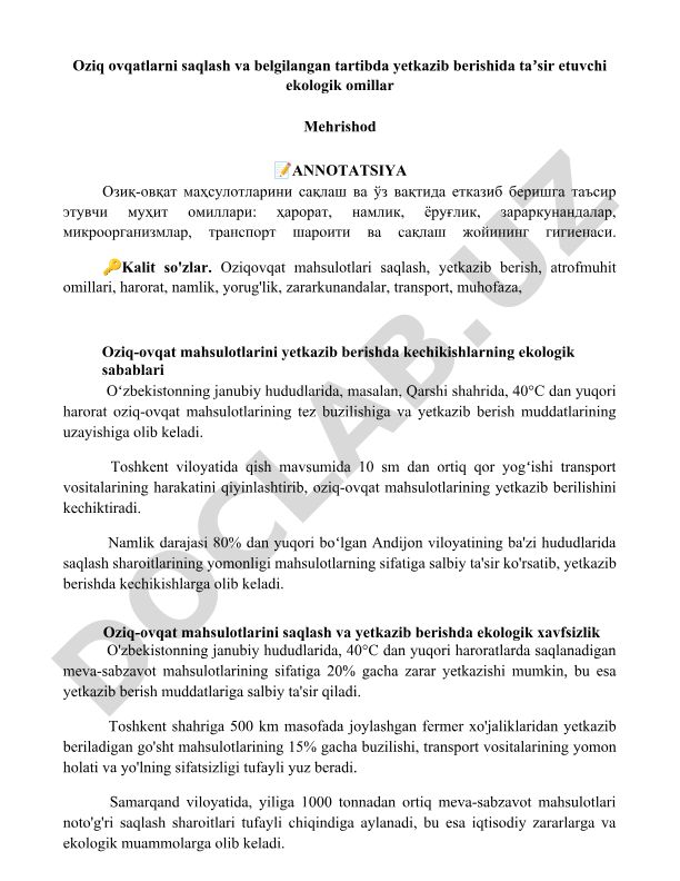 Oziq-ovqat mahsulotlarini saqlash va yetkazib berishga ta'sir etuvchi ekologik omillar