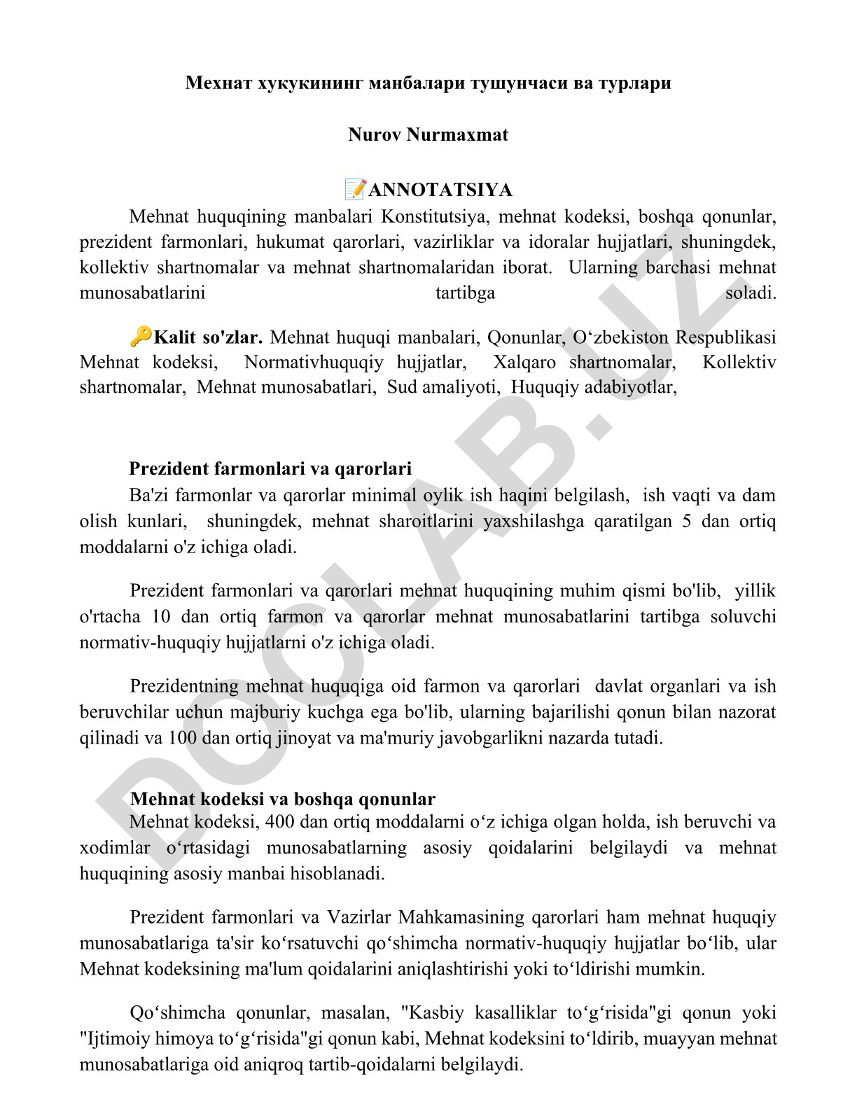 Mehnat huquqining manbalari tushunchasi va turlari