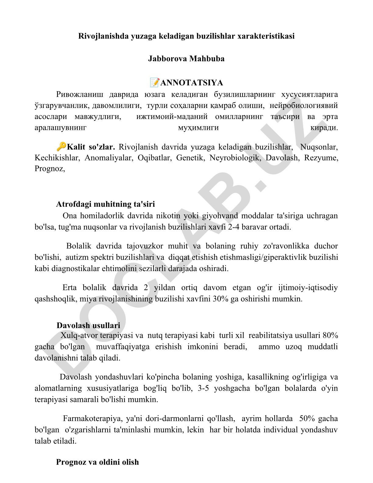 Rivojlanish davrida yuzaga keladigan buzilishlar xarakteristikasi
