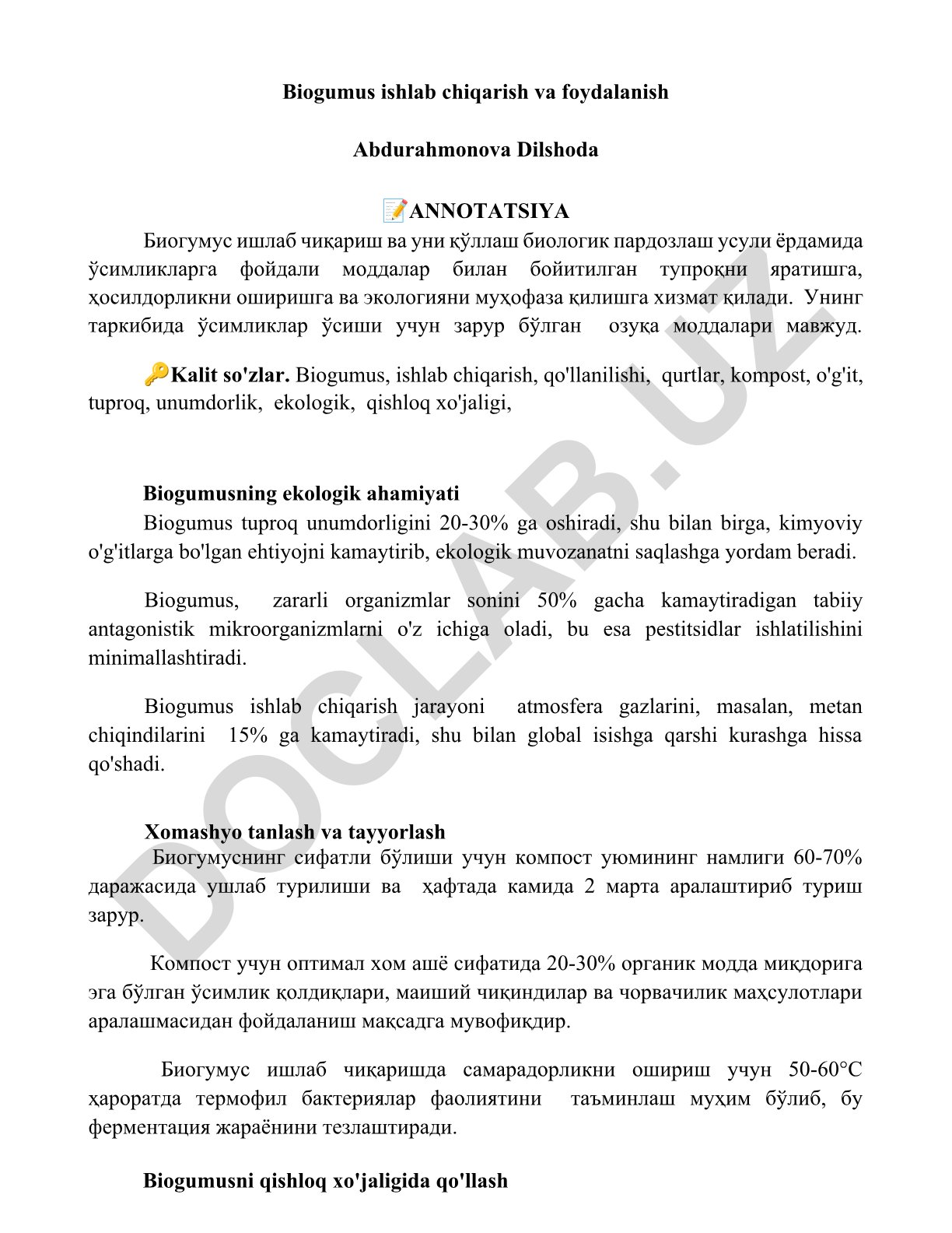 Biogumus ishlab chiqarish va foydalanish