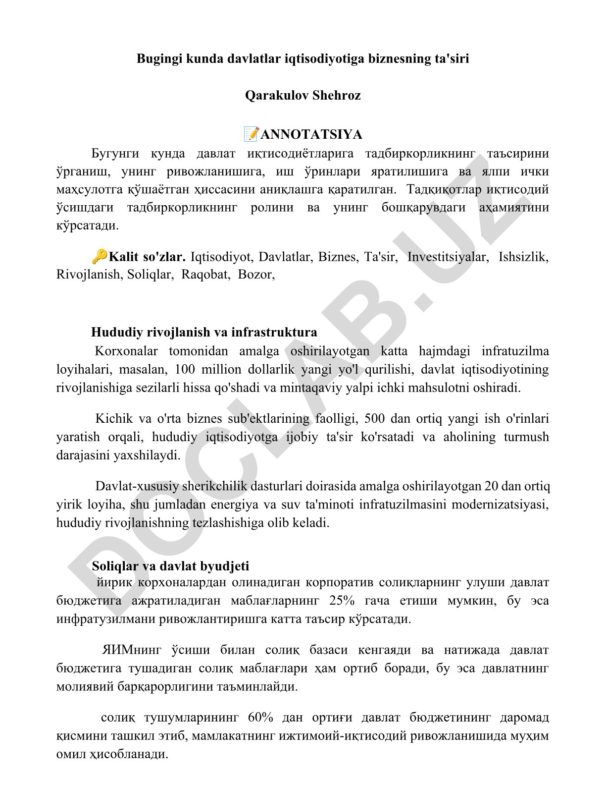 Davlatlar iqtisodiyotiga biznesning ta'siri
