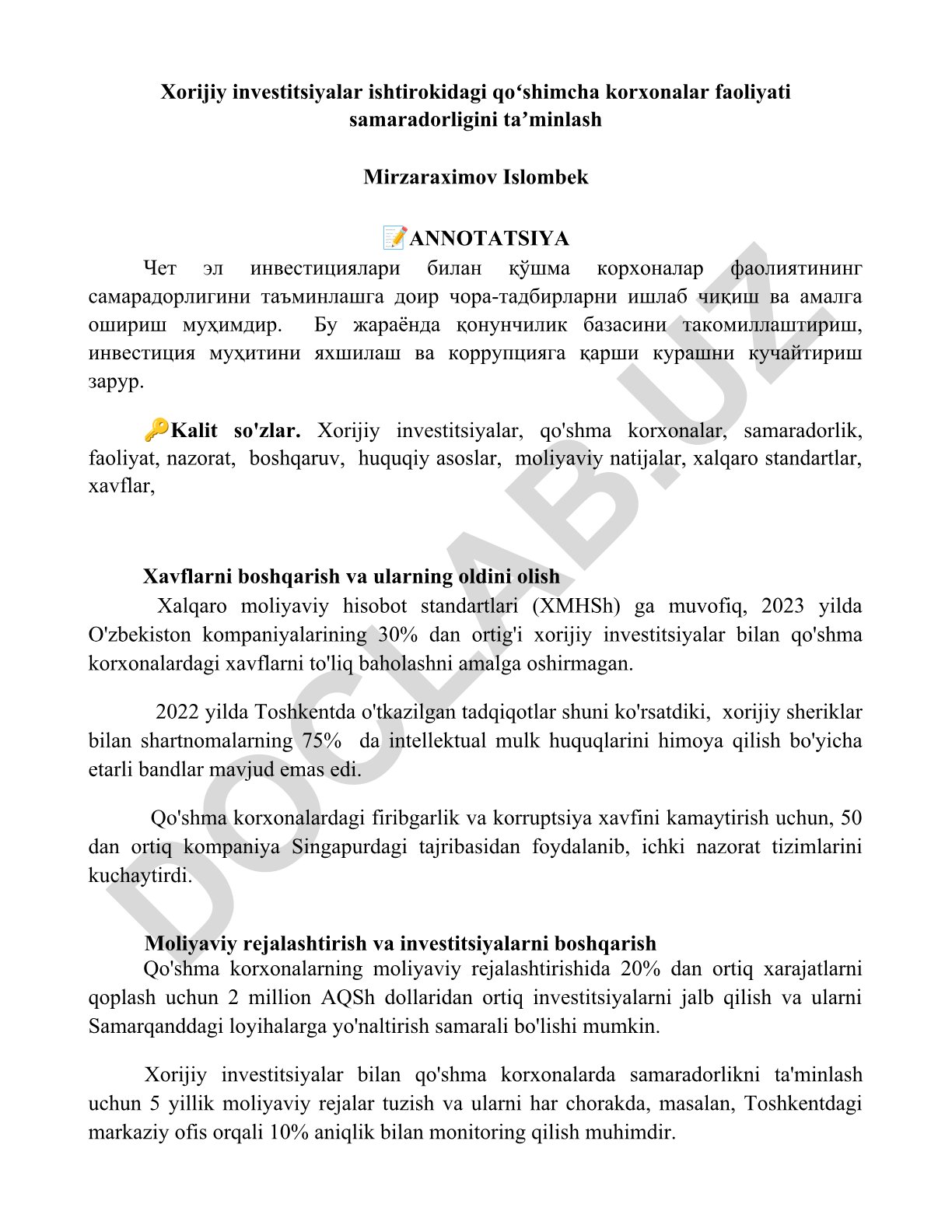 Xorijiy investitsiyalar ishtirokidagi qoʻshma korxonalar faoliyati samaradorligini taʼminlash