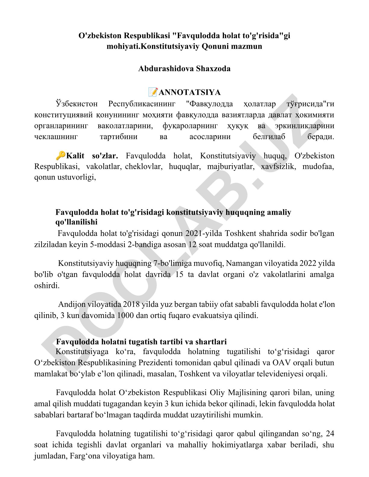 O'zbekiston Respublikasining Favqulodda holat to'g'risidagi konstitutsiyaviy qonuni mazmuni
