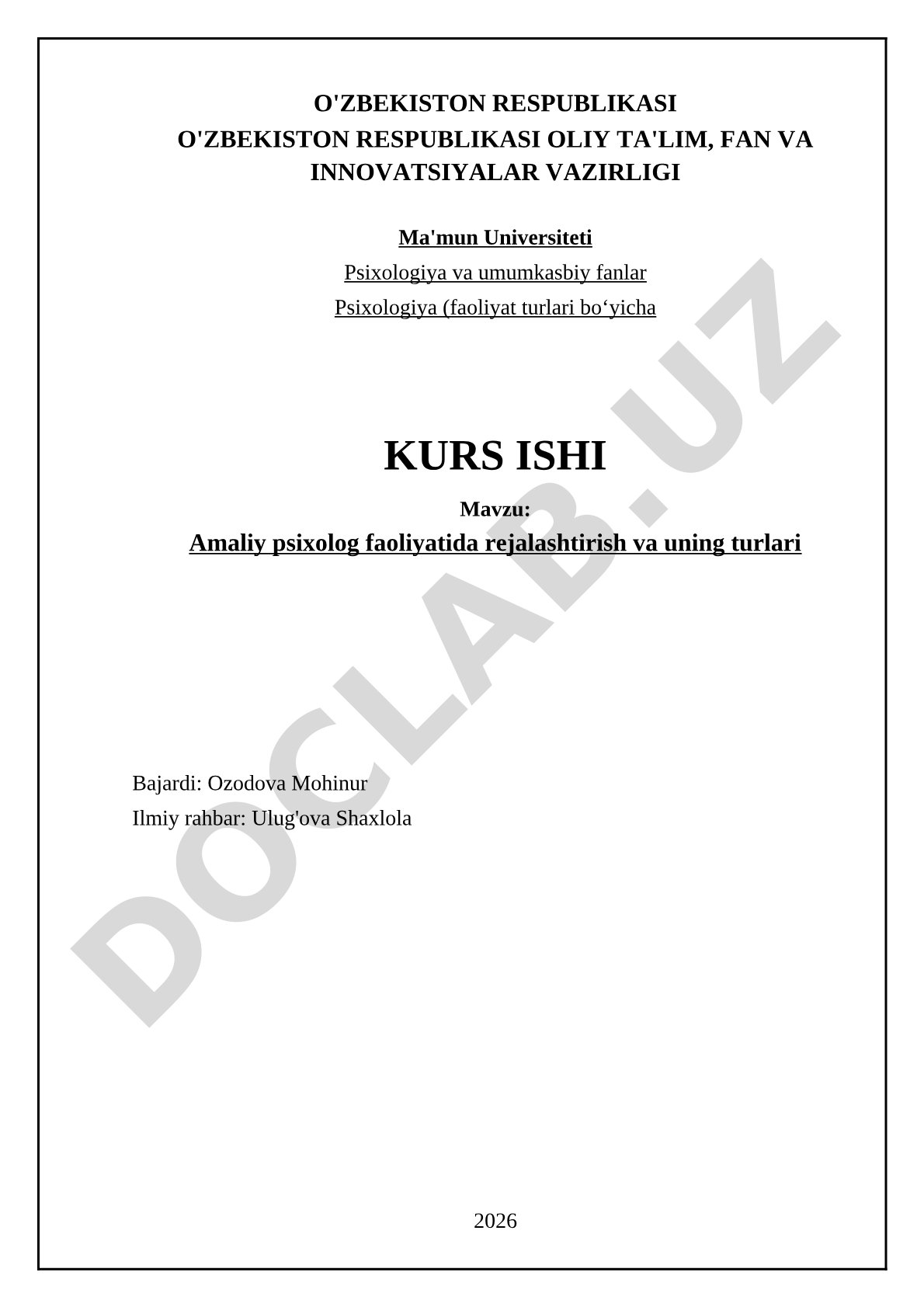 Amaliy psixolog faoliyatida rejalashtirish va uning turlari