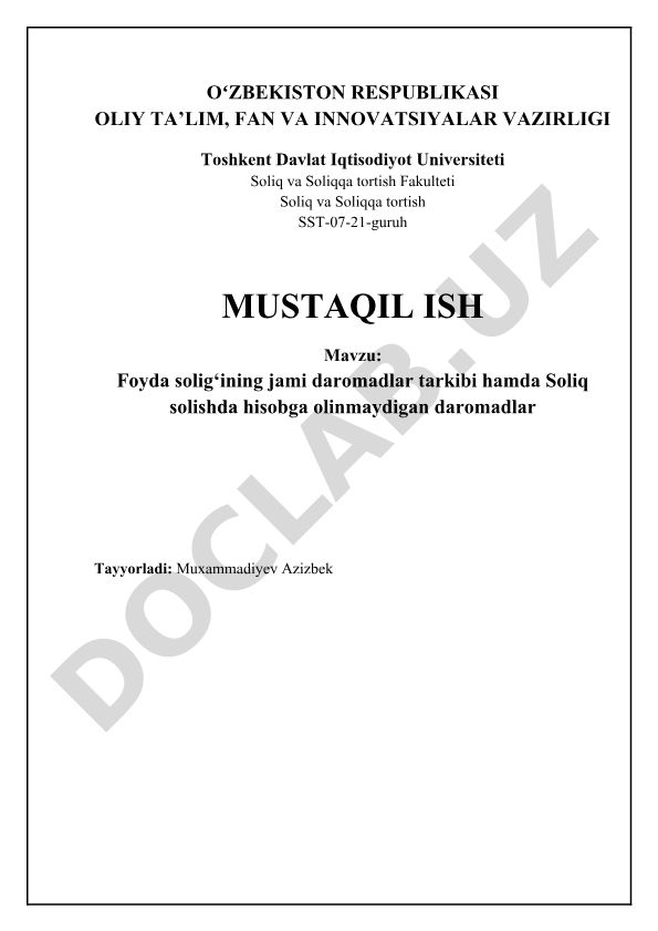 Foyda solig‘ining jami daromadlar tarkibi hamda Soliq solishda hisobga olinmaydigan daromadlar