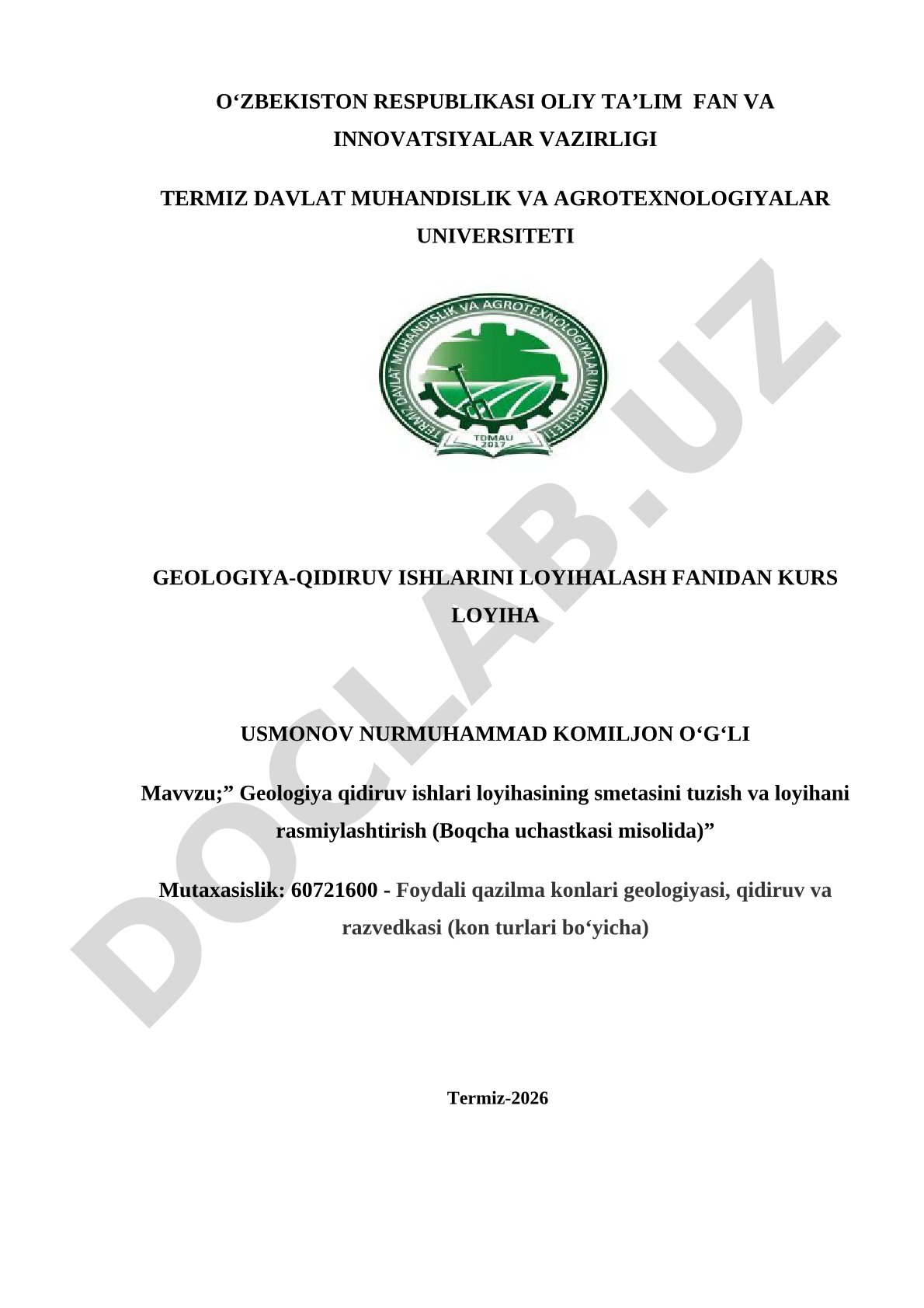 Geologiya qidiruv ishlari loyihasining smetasini tuzish va loyihani rasmiylashtirish (Boqcha uchastkasi misolida)