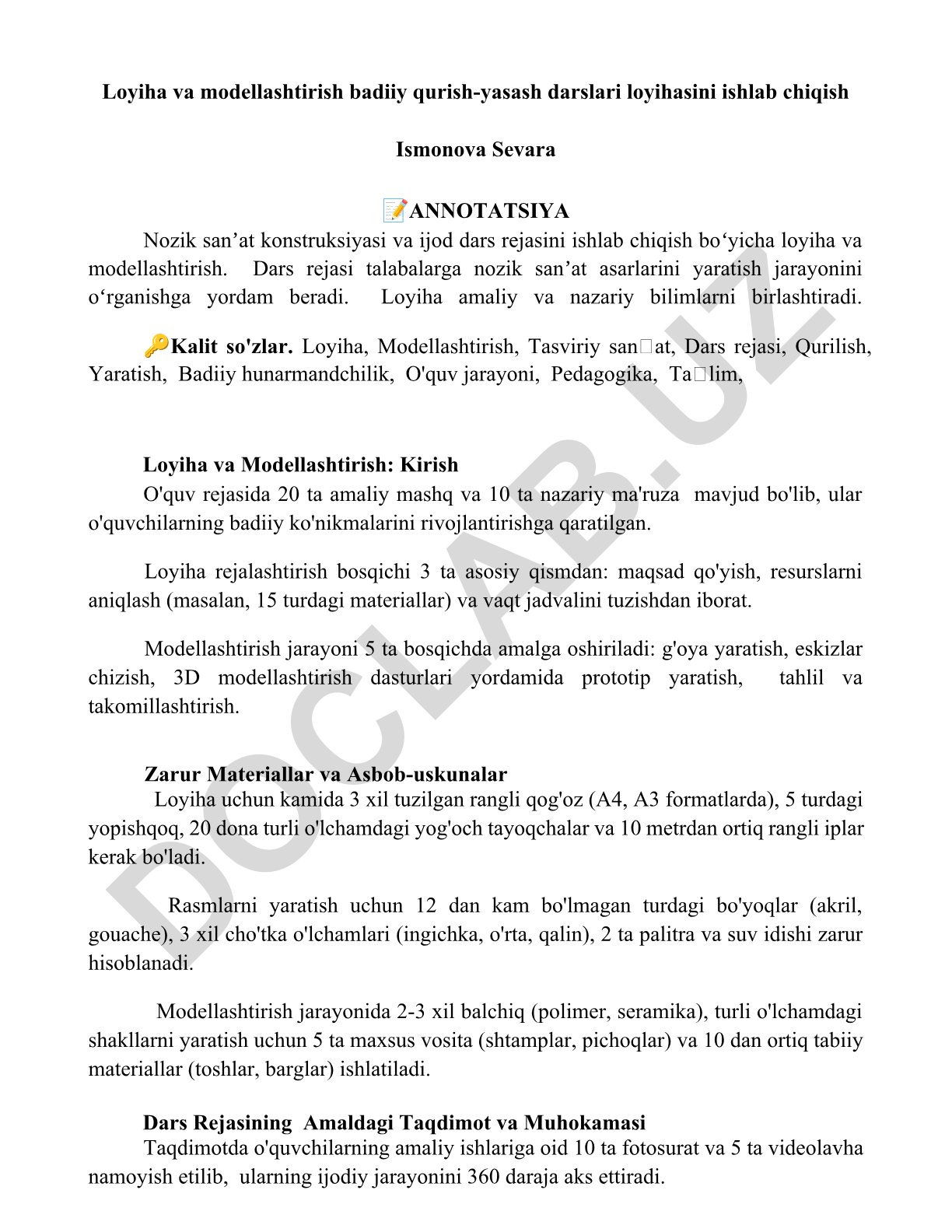 Loyiha va modellashtirish badiiy qurish-yasash darslari loyihasini ishlab chiqish