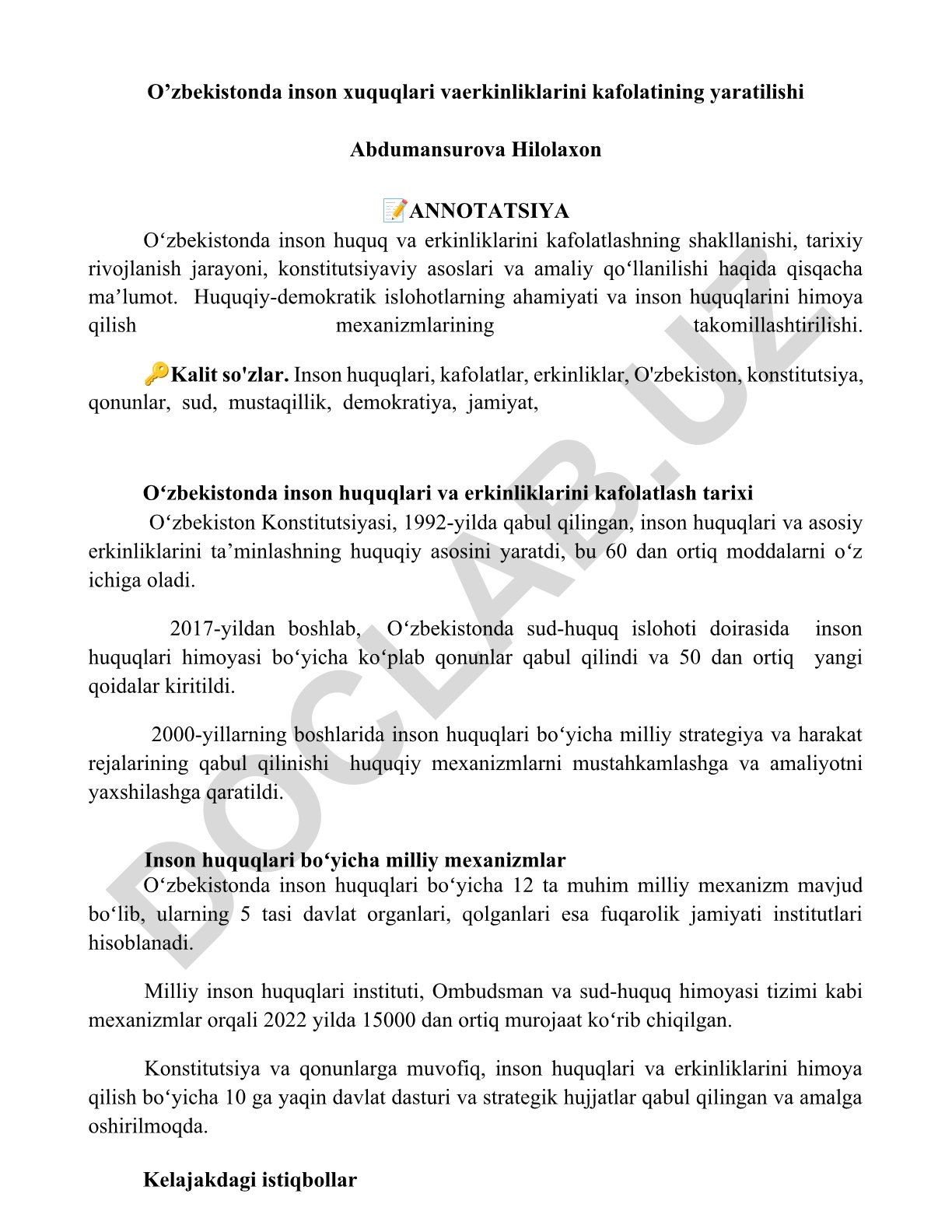 O'zbekistonda inson huquqlari va erkinliklarini kafolatlash