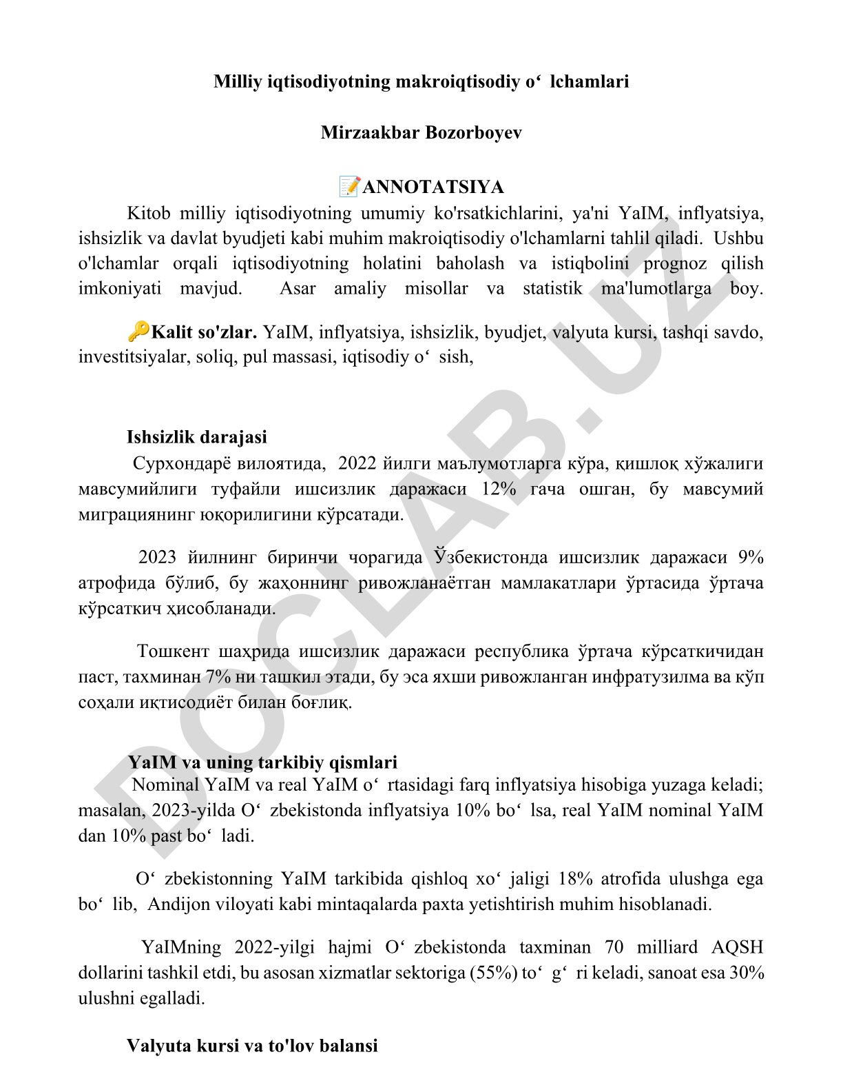 Milliy iqtisodiyotning makroiqtisodiy oʻlchamlari