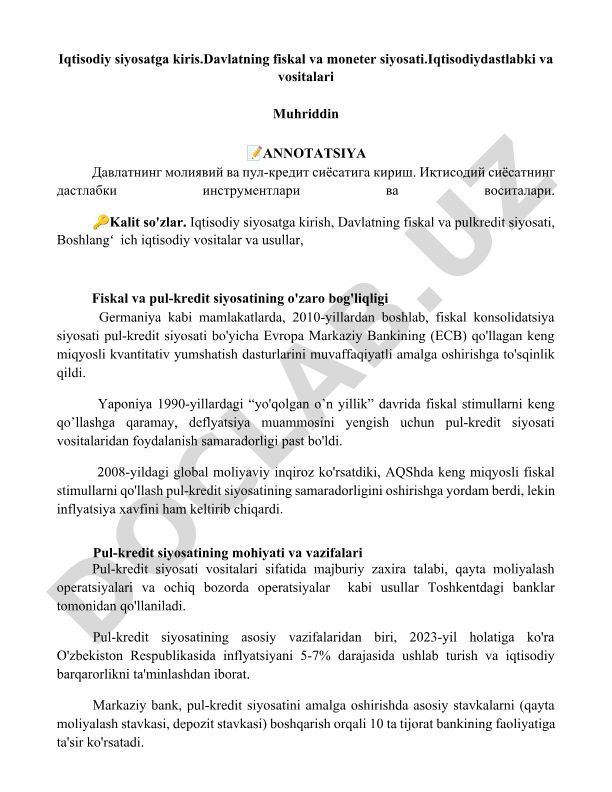 Davlatning fiskal va moneter siyosati