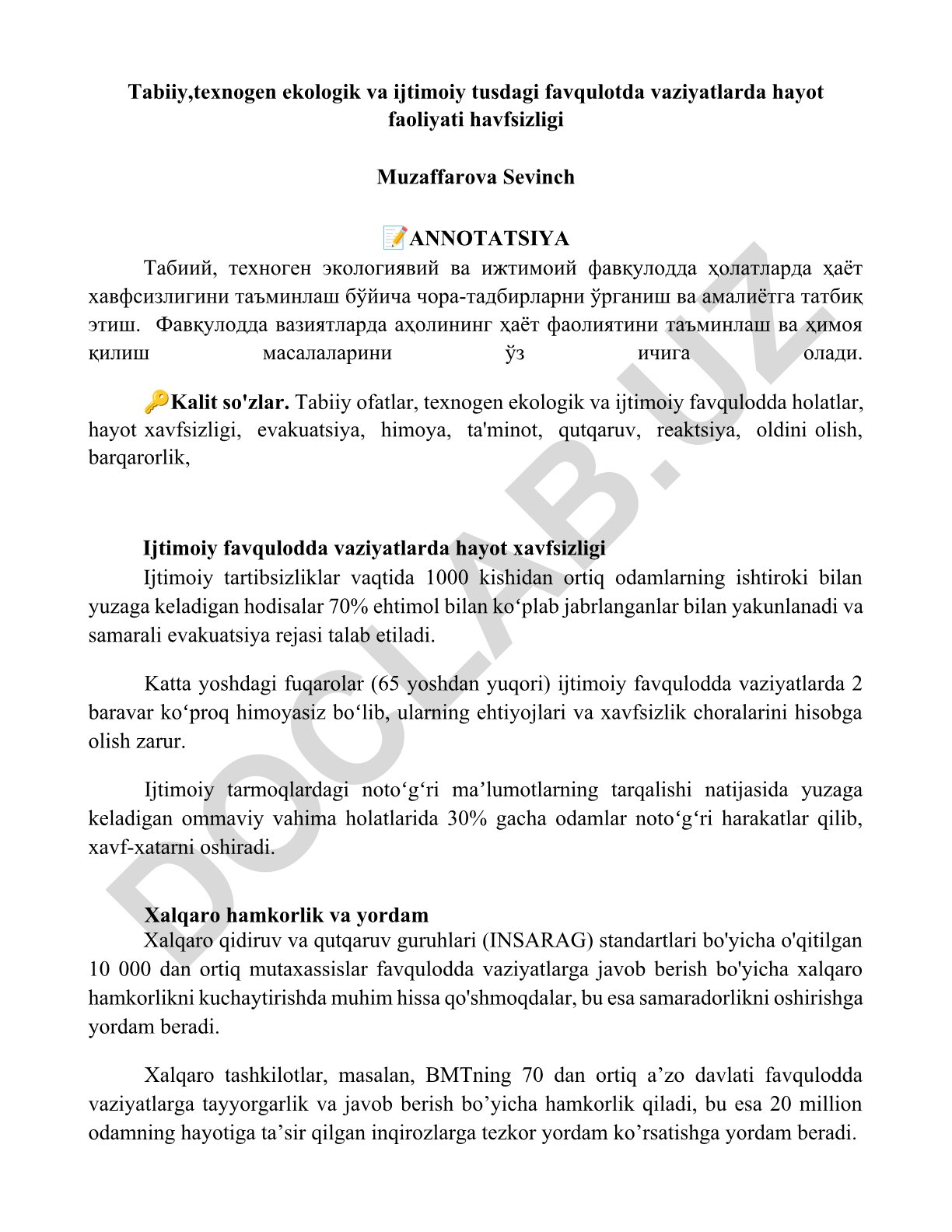 Tabiiy, texnogen ekologik va ijtimoiy favqulodda holatlarda hayot xavfsizligi