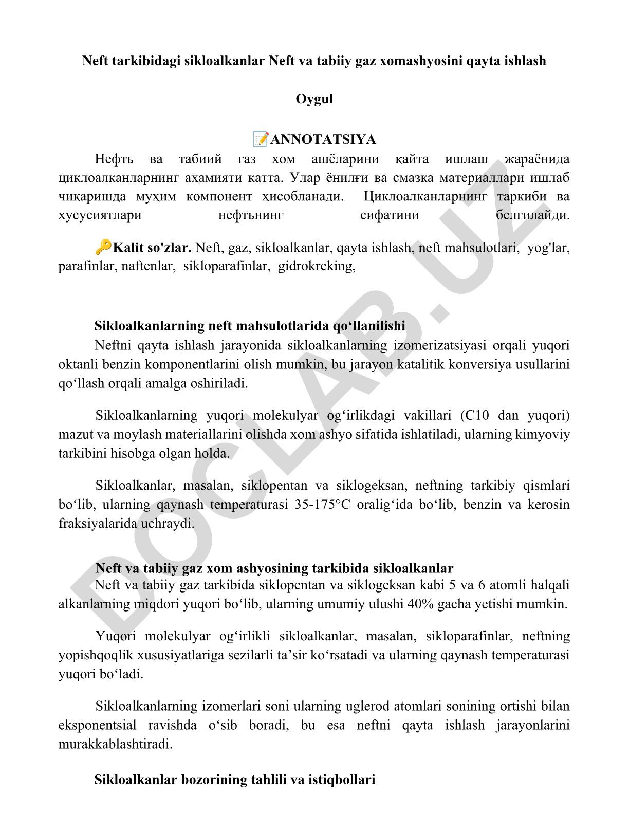 Neft tarkibidagi sikloalkanlar va ularning qayta ishlash jarayonidagi ahamiyati
