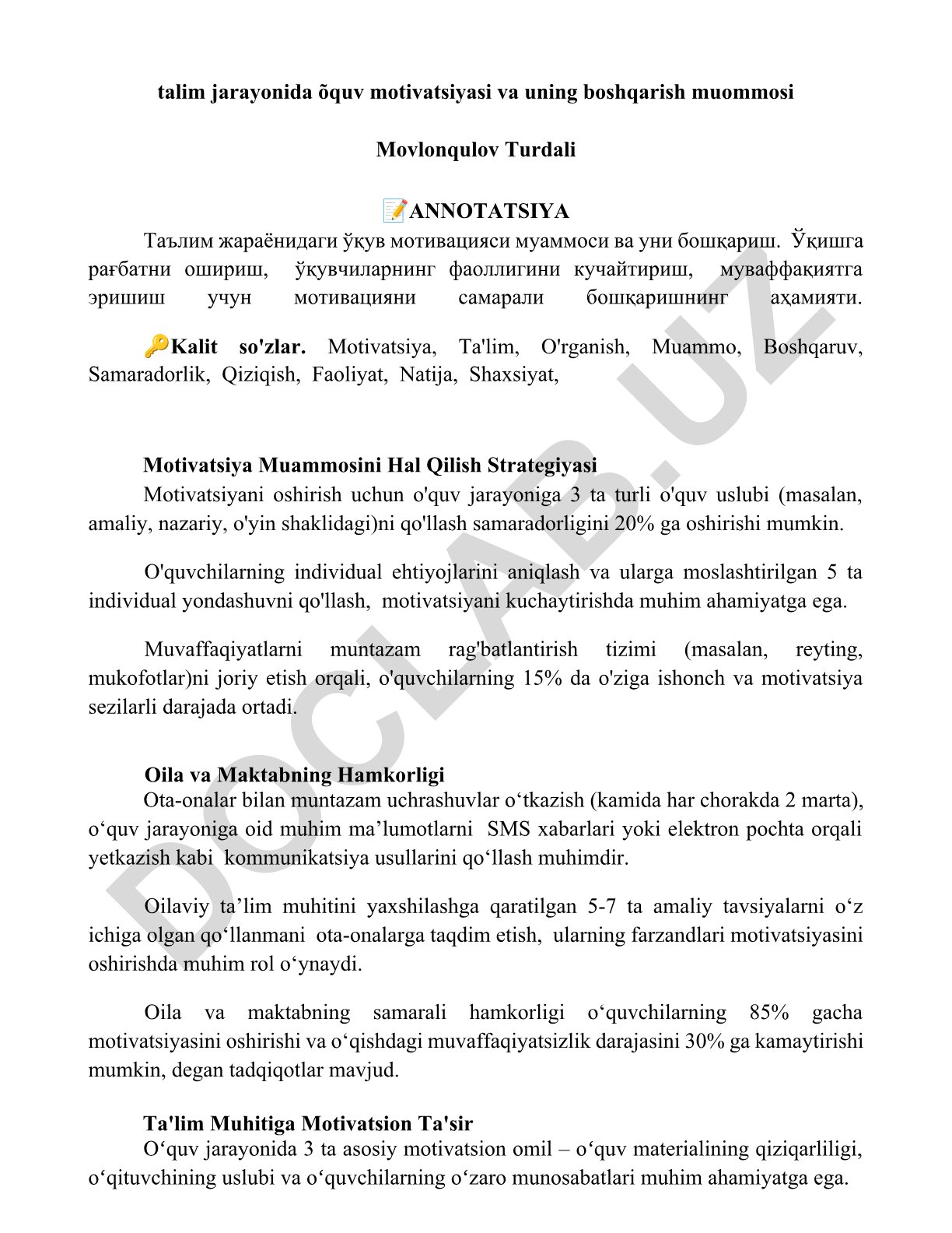 Talim jarayonida o'quv motivatsiyasi va uning boshqarish muommosi
