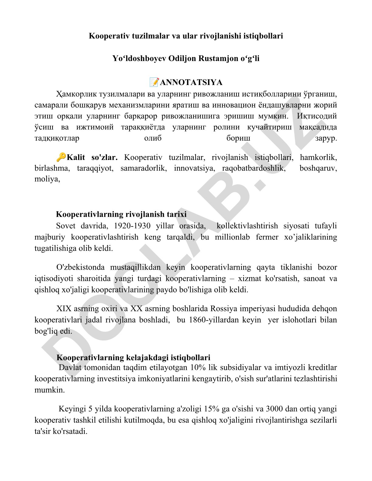 Kooperativ tuzilmalar va ularning rivojlanish istiqbollari
