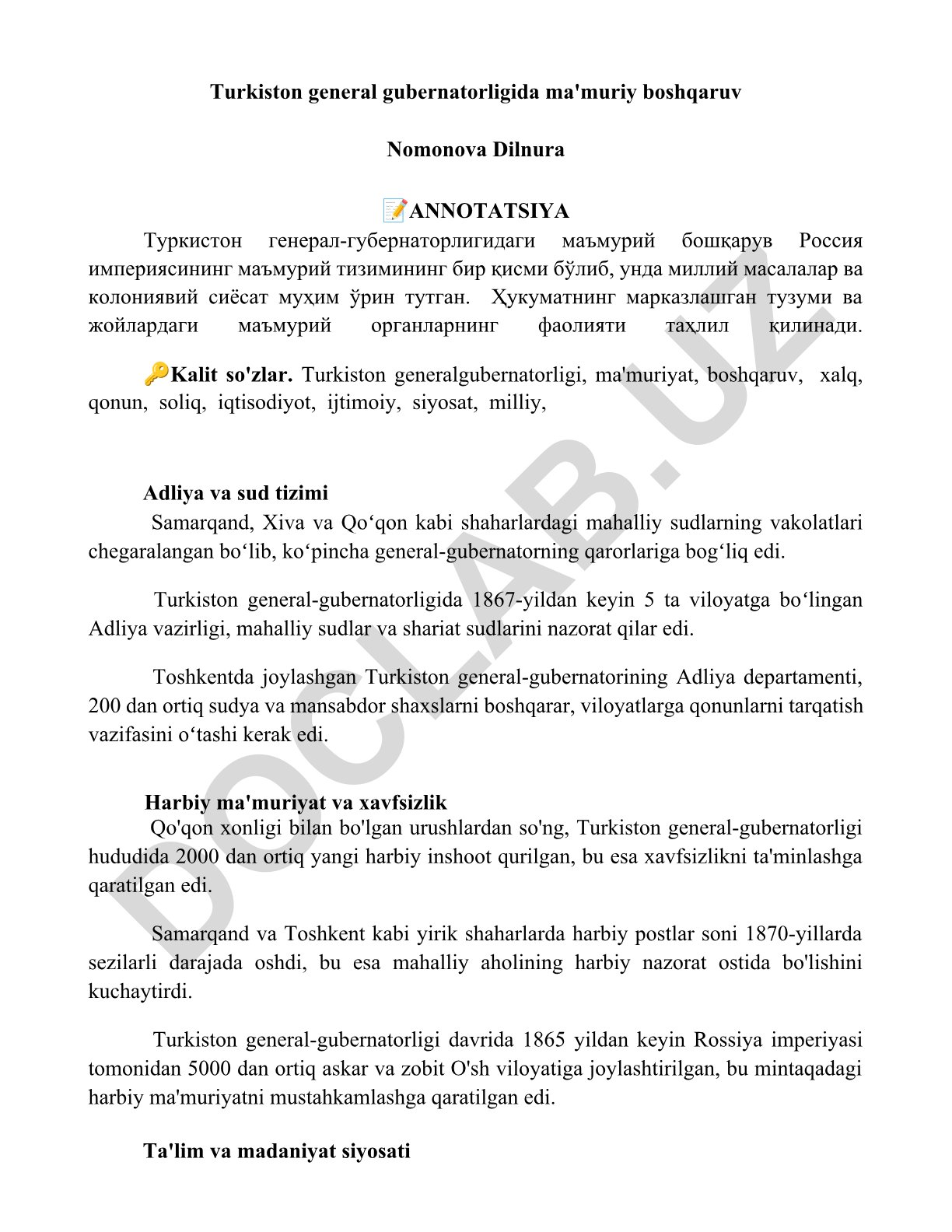 Turkiston general gubernatorligida ma'muriy boshqaruv