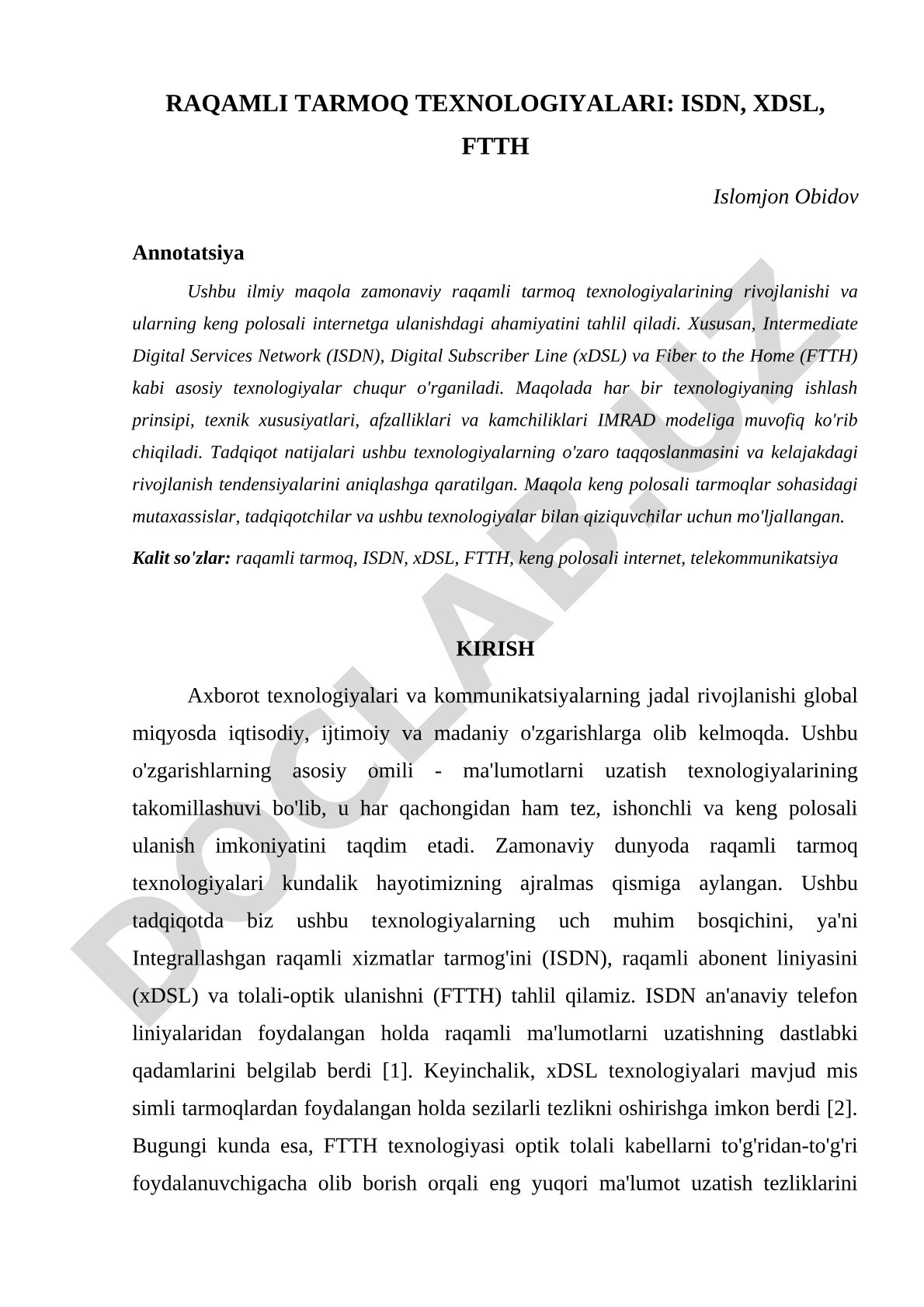 Raqamli tarmoq texnologiyalari: ISDN, xDSL, FTTH