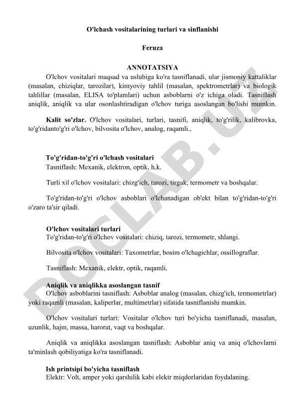 O'lchash vositalarining turlari va sinflanishi