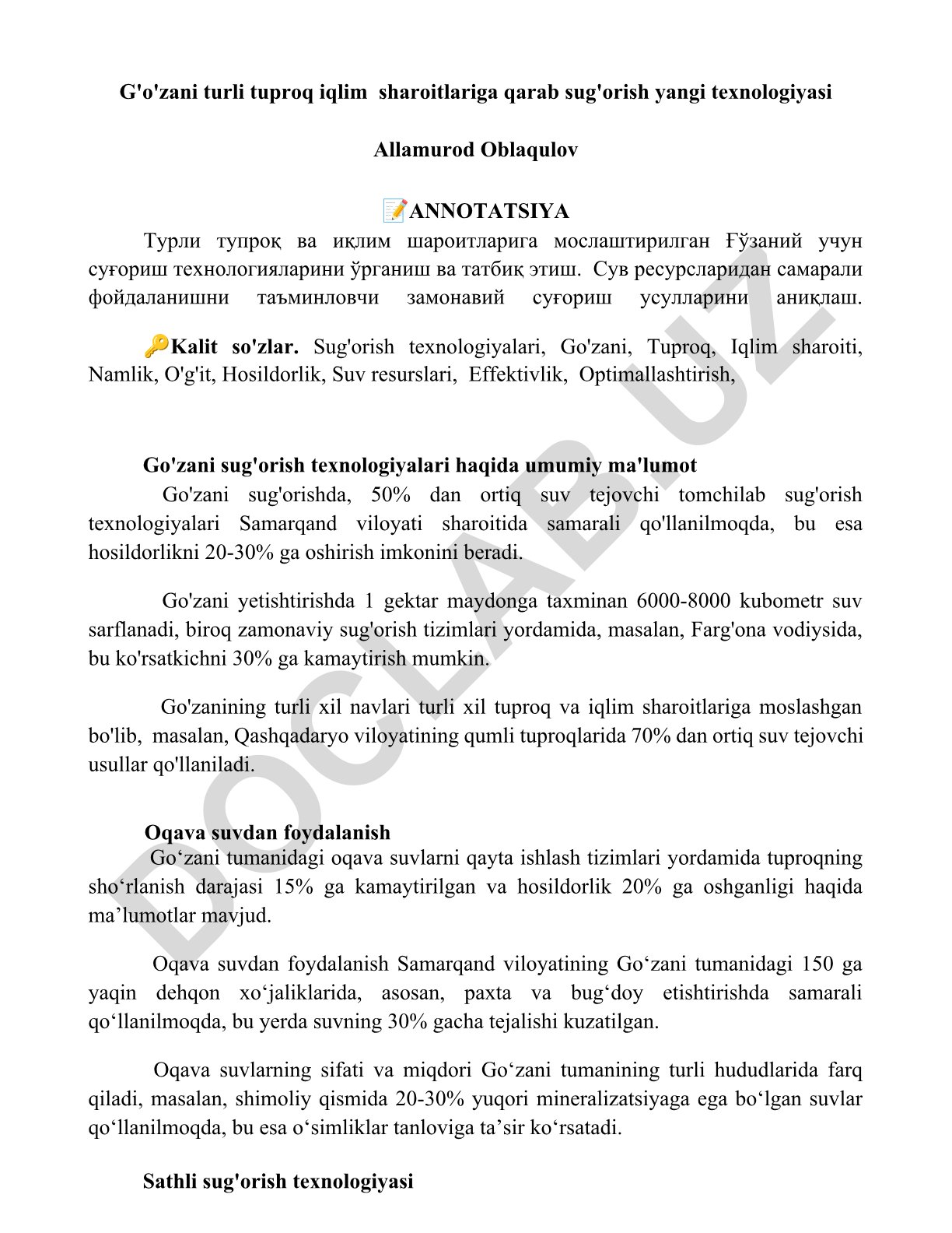 Turli tuproq iqlim sharoitlariga qarab g'o'zani sug'orish yangi texnologiyasi