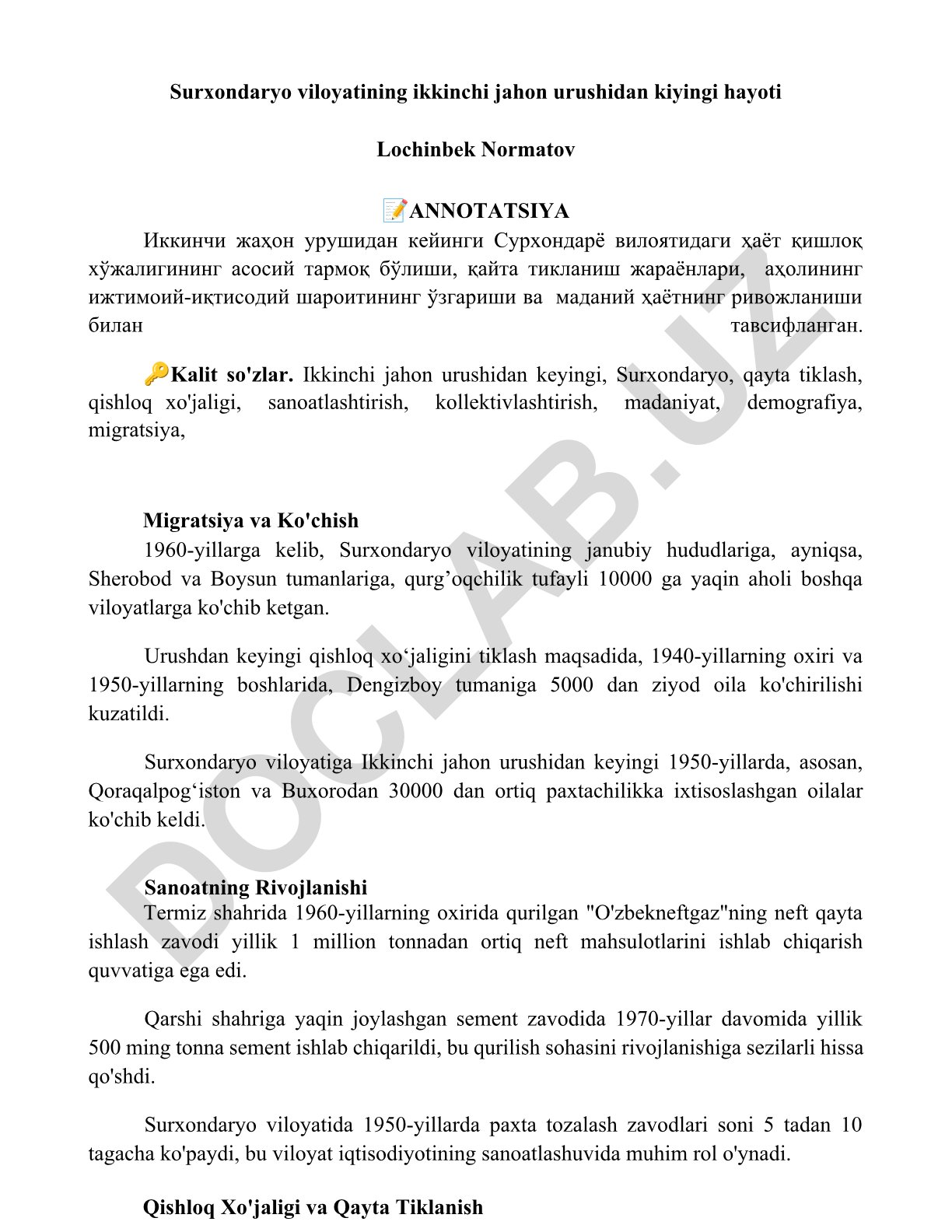 Surxondaryo viloyatining Ikkinchi jahon urushidan keyingi hayoti
