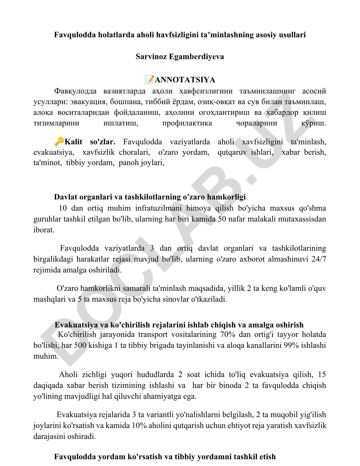 Favqulodda holatlarda aholi havfsizligini taʼminlashning asosiy usullari