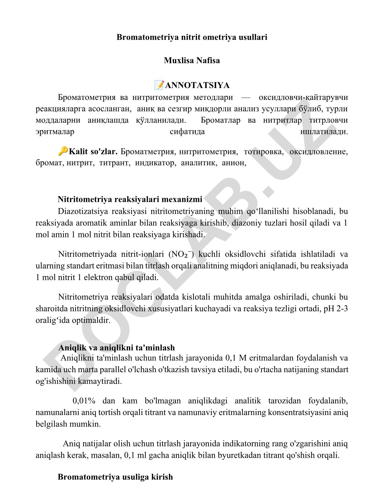 Bromatometriya va nitritometriya usullari