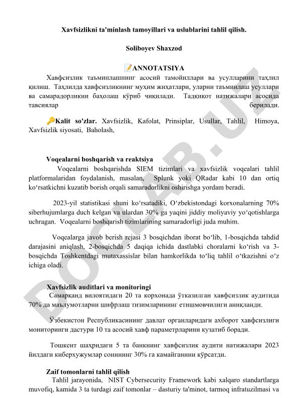 Xavfsizlikni ta'minlash tamoyillari va uslublarini tahlil qilish