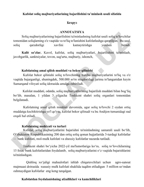 Soliq majburiyatlarini bajarishni kafolat usuli