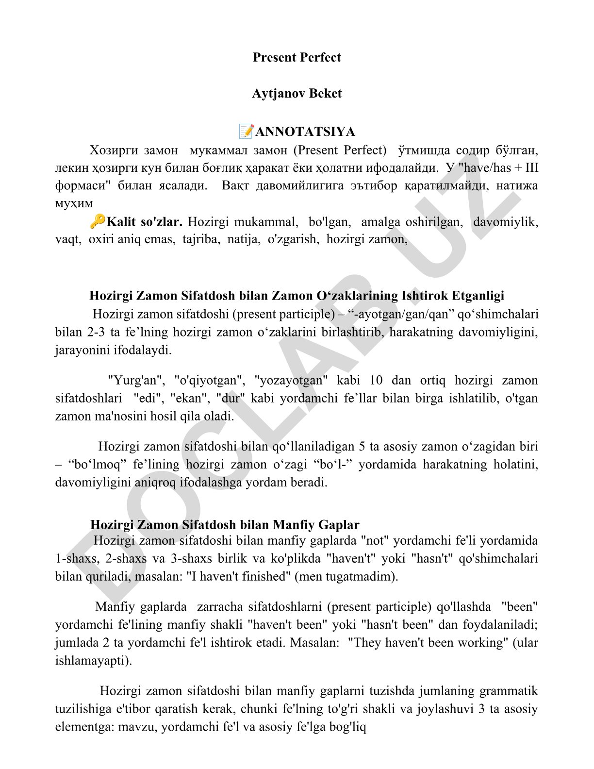 Hozirgi mukammal zamon va hozirgi zamon sifatdoshi