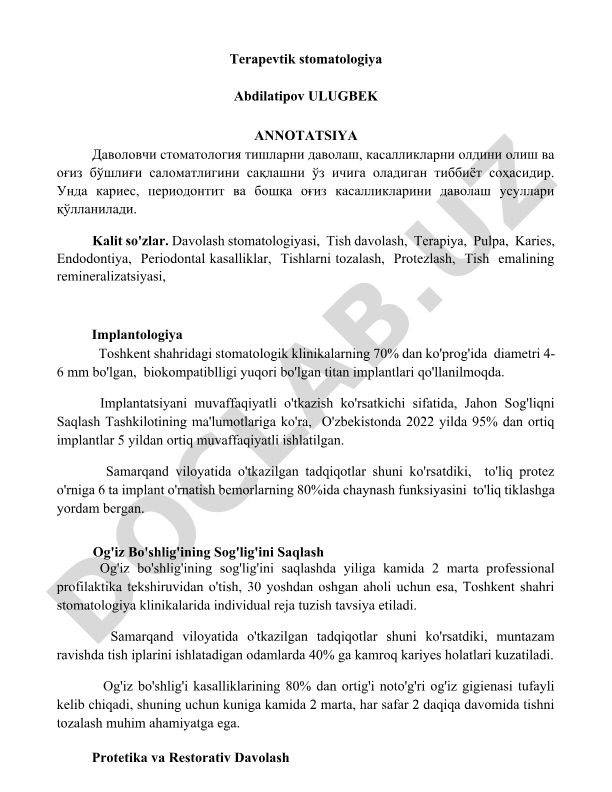 Terapevtik stomatologiya va og'iz bo'shlig'i sog'lig'ini saqlash