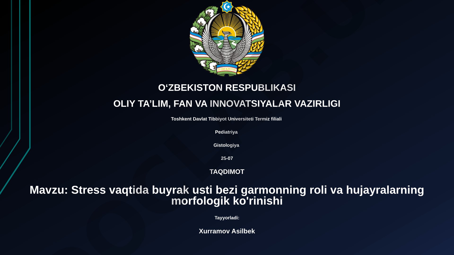 Stress vaqtida buyrak usti bezi garmonning roli va hujayralarning morfologik ko'rinishi