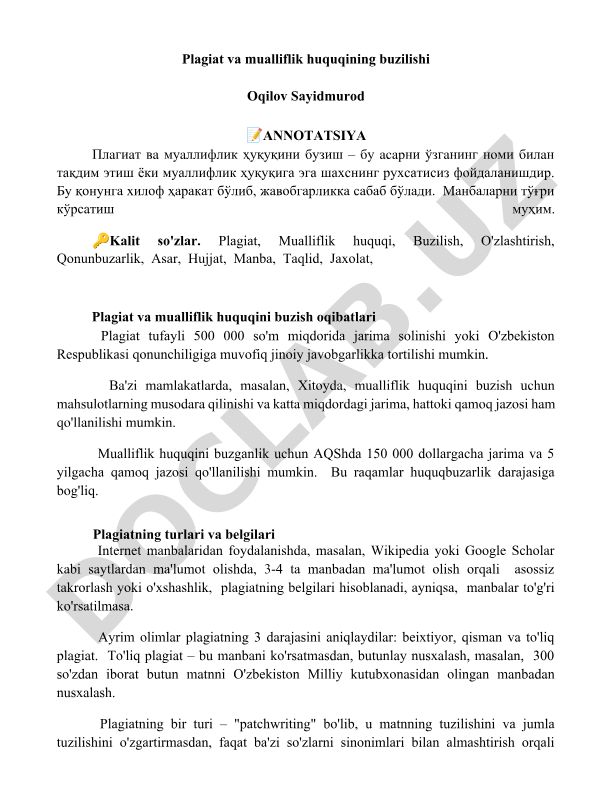 Plagiat va mualliflik huquqining buzilishi