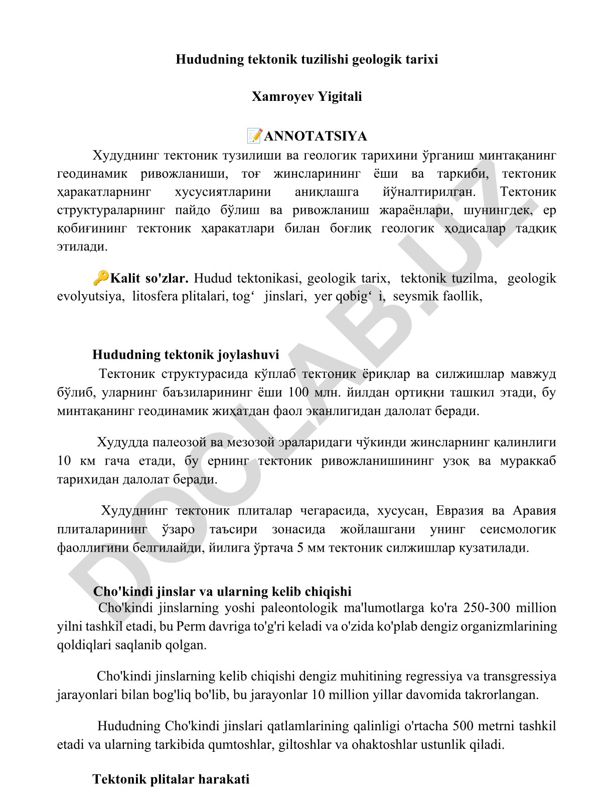 Hududning tektonik tuzilishi va geologik tarixi