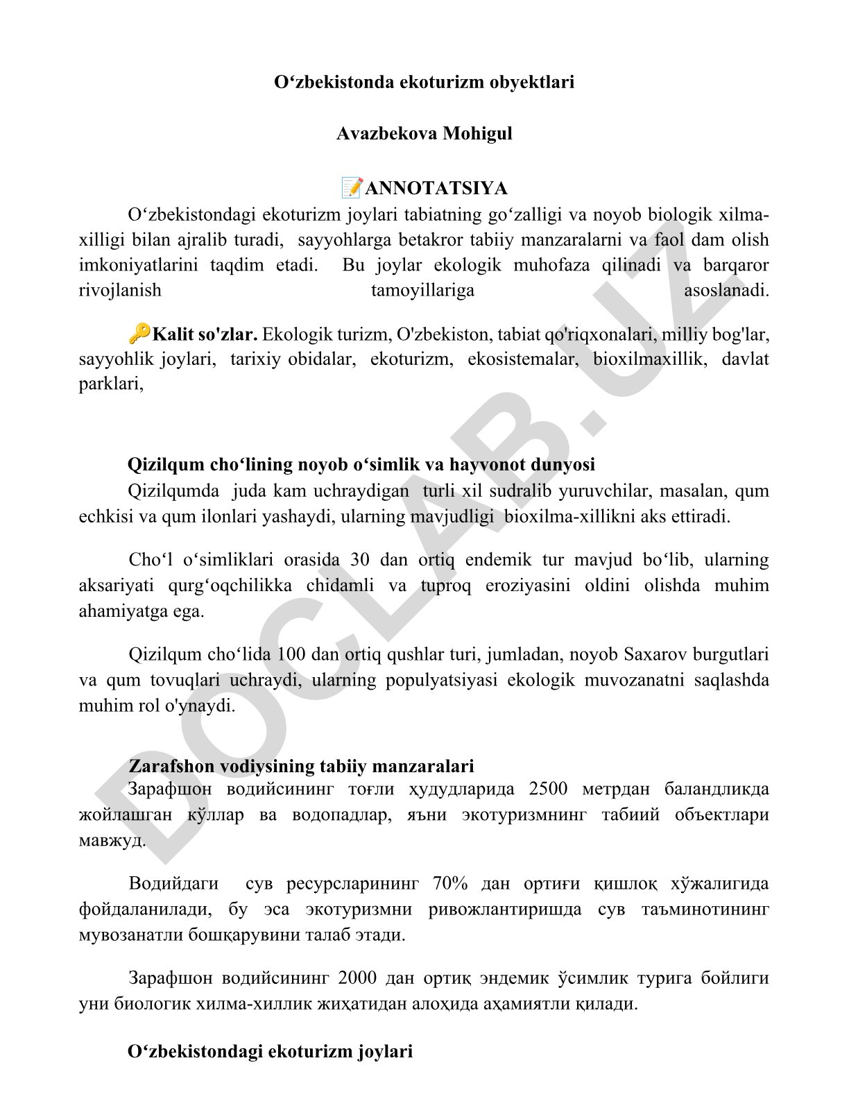 Oʻzbekistonda ekoturizm obyektlari