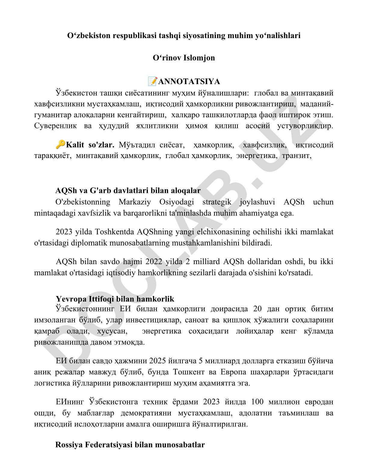 Oʻzbekiston respublikasi tashqi siyosatining muhim yoʻnalishlari