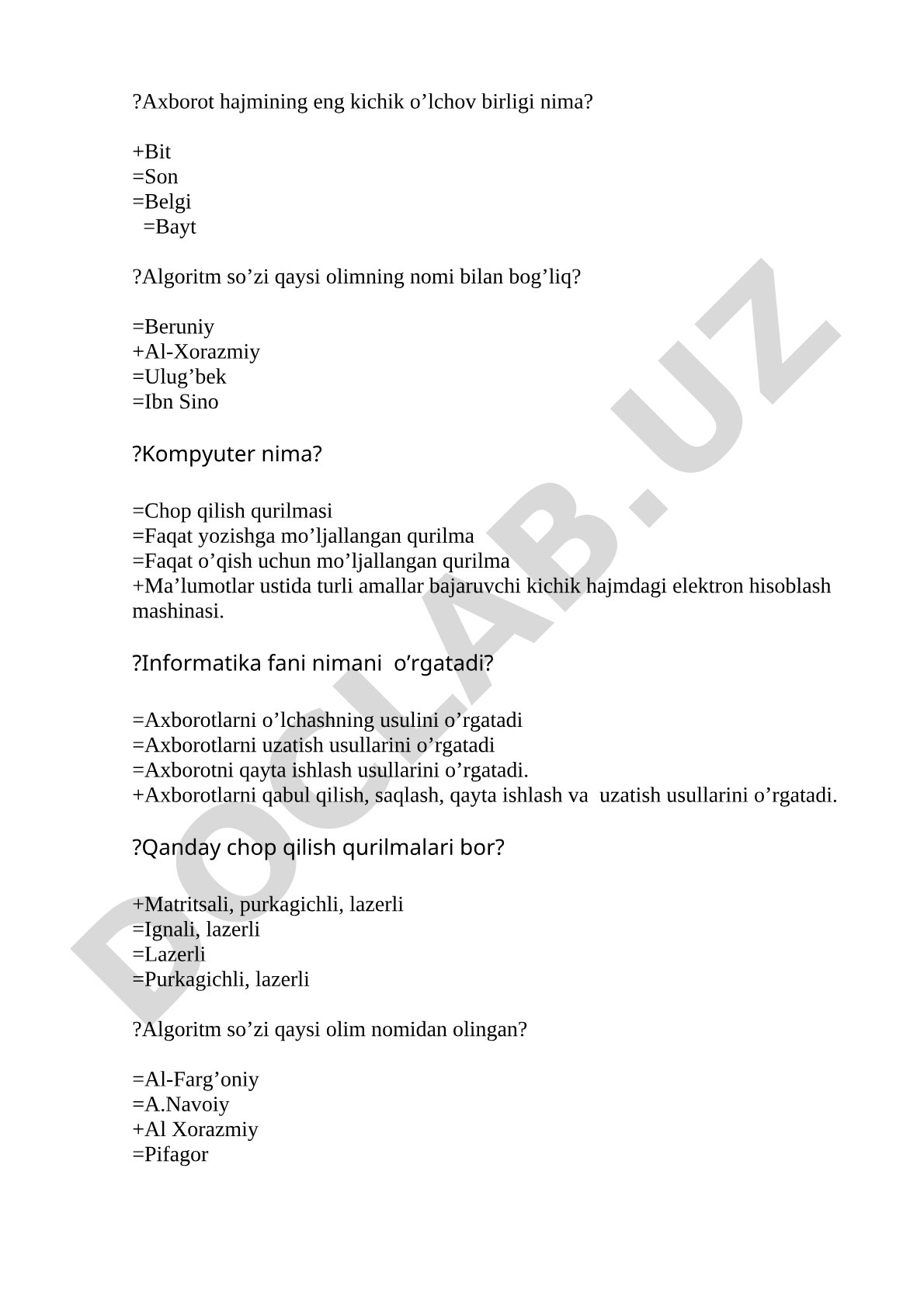 Informatika fanidan test savollari