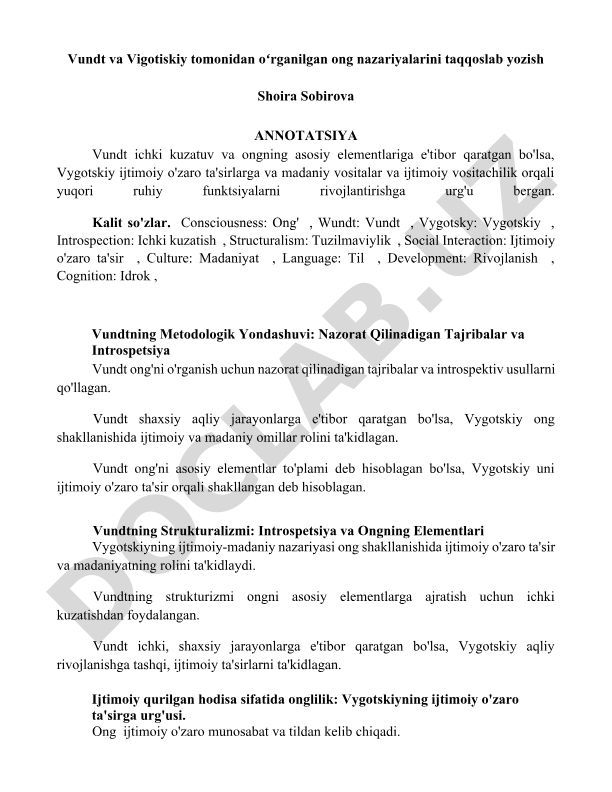 Vundt va Vigotiskiy ong nazariyalarini taqqoslash