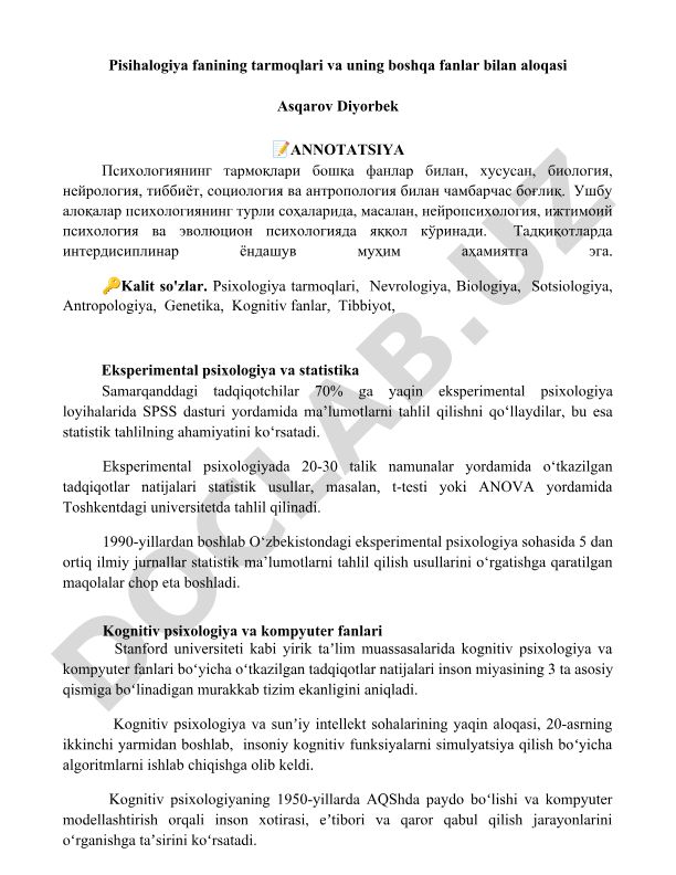 Psixologiya fanining tarmoqlari va uning boshqa fanlar bilan aloqasi