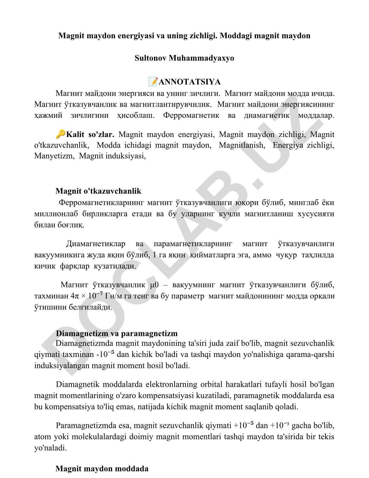 Magnit maydon energiyasi va uning zichligi