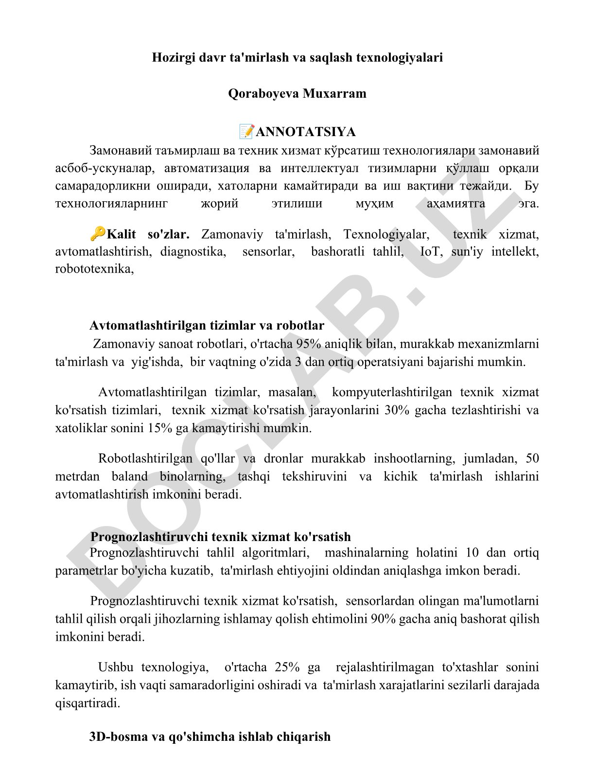 Zamonaviy ta'mirlash va texnik xizmat ko'rsatish texnologiyalari