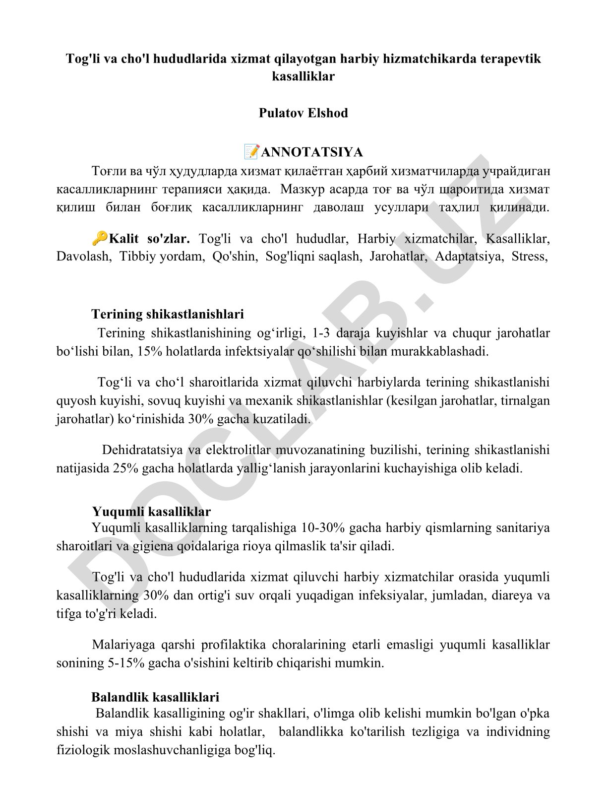 Tog'li va cho'l hududlarida xizmat qilayotgan harbiy hizmatchikarda terapevtik kasalliklar