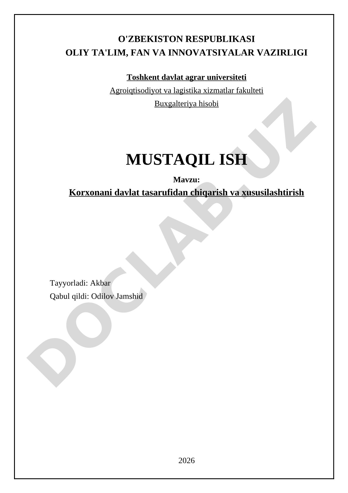 Korxonani davlat tasarufidan chiqarish va xususilashtirish