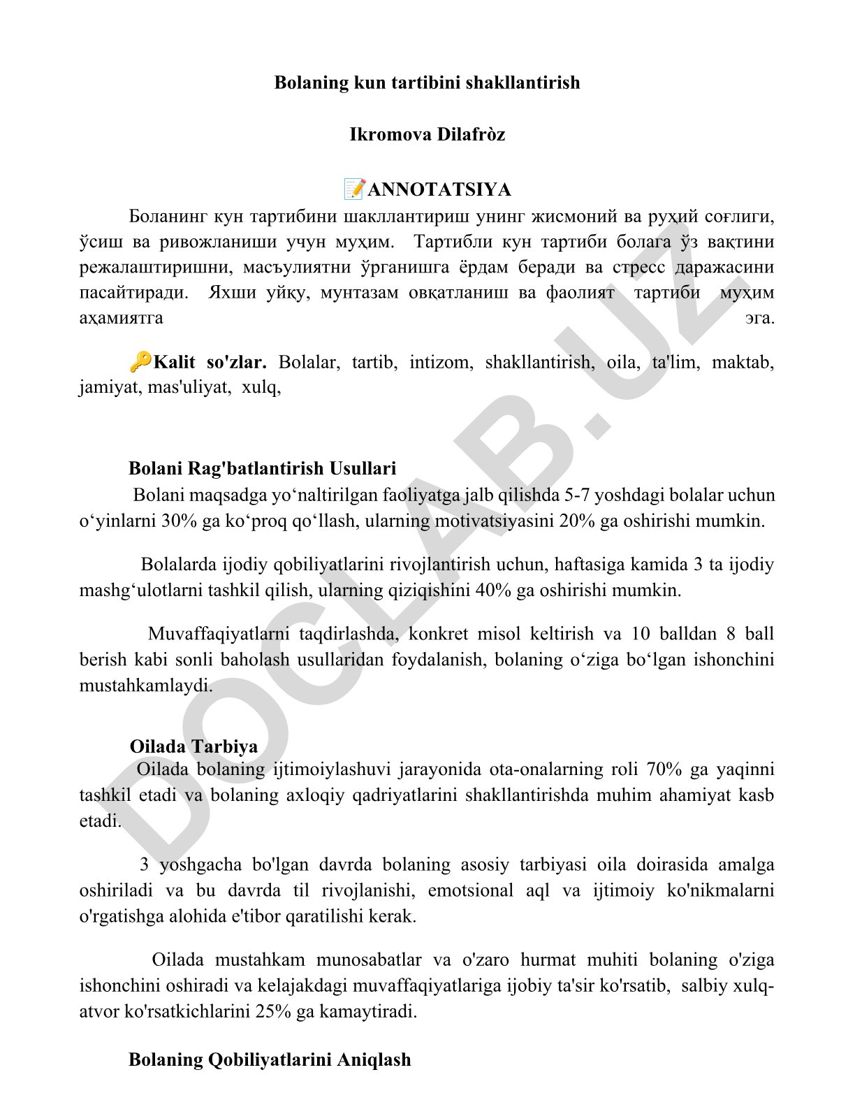 Bolaning kun tartibini shakllantirish va tarbiyasi
